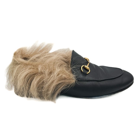 Gucci Princetown Horsebit Black Leather Fur Lined Round Toe Loafer Mules - Picture 1 of 9